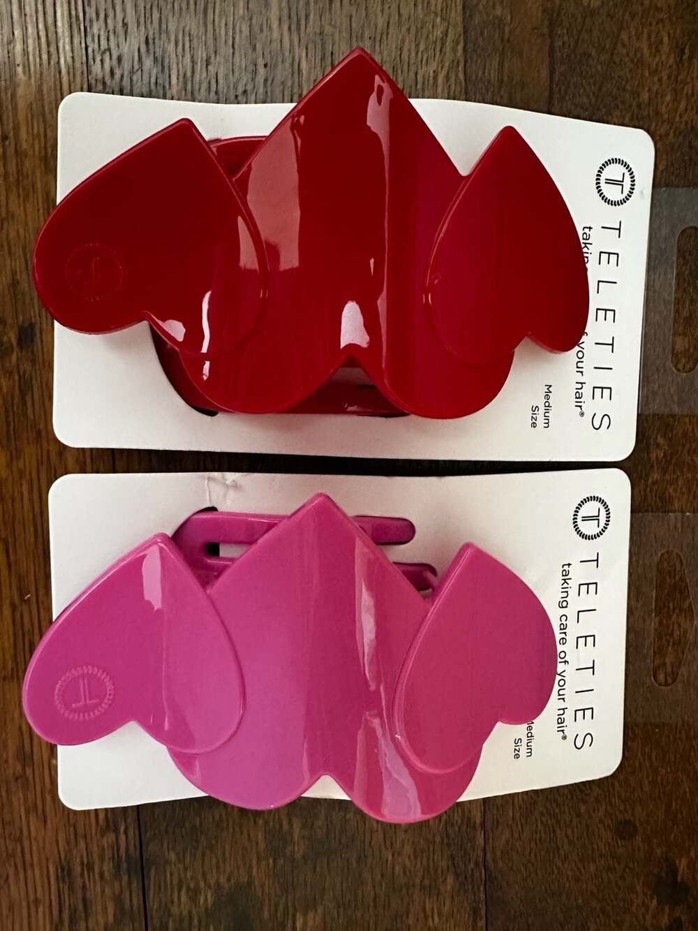 Teleties Heart to Heart Flat Hair Clips Medium Size Red and Pink Set of 2
